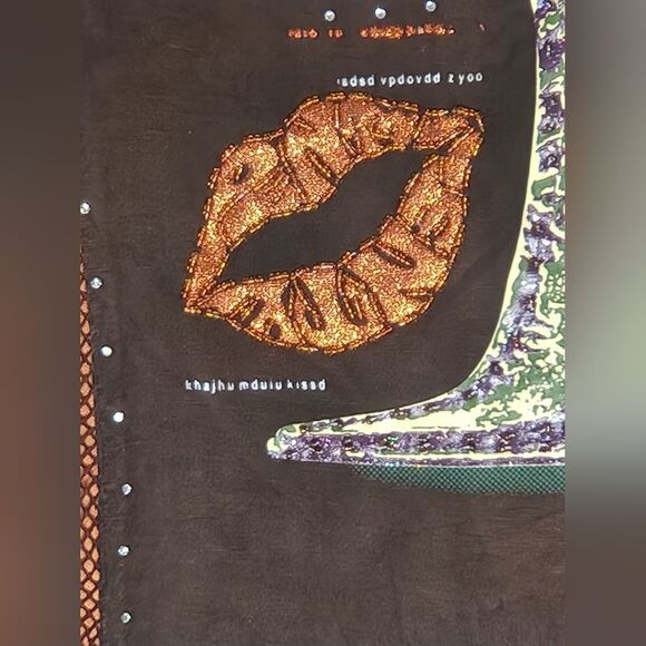 VTG PAOLO SANTINI M Brown Boot Print Beaded Sequin Turtleneck LSlv Women's Top - Picture 4 of 12